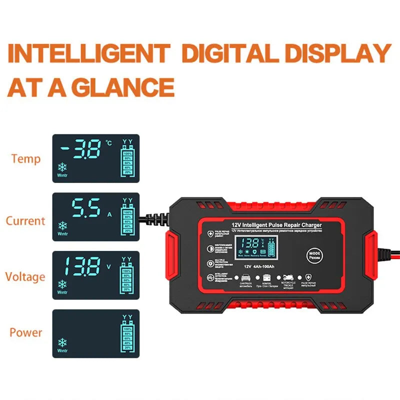 Smart 12V Car Battery Charger with LCD Display