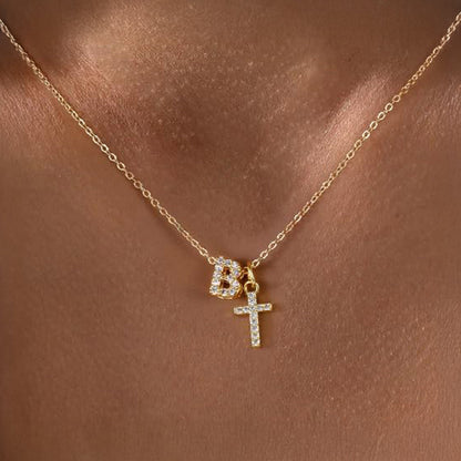 Delicate Initial and Cross Pendant Necklace
