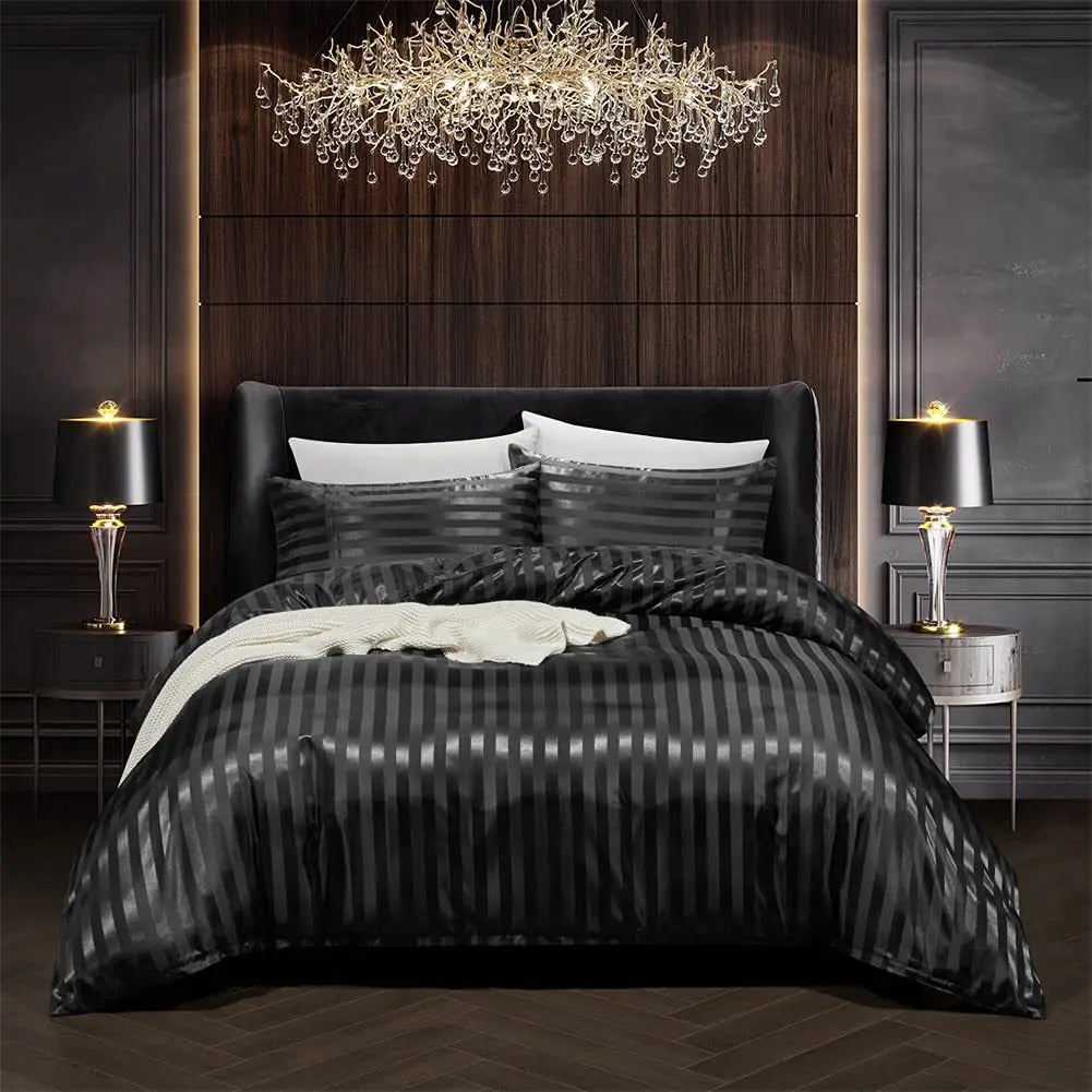 Soft Black Satin Bed Duvet Cover Set