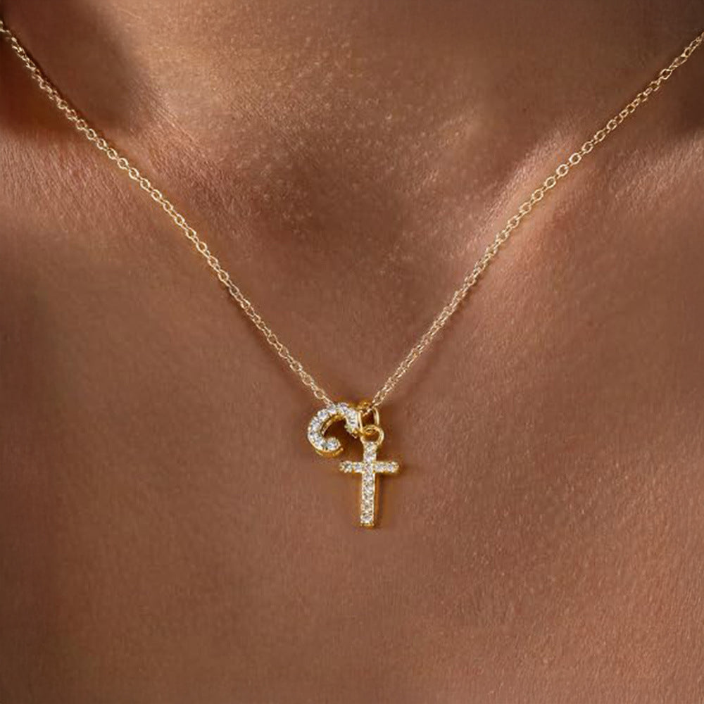 Delicate Initial and Cross Pendant Necklace