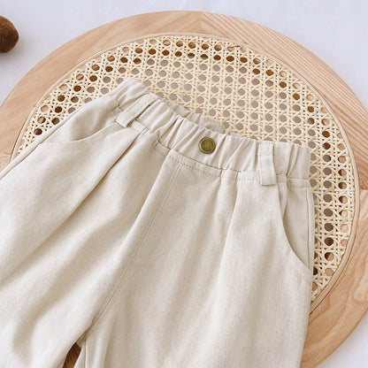 Soft Boys Trousers with Elastic Waistband - Beige