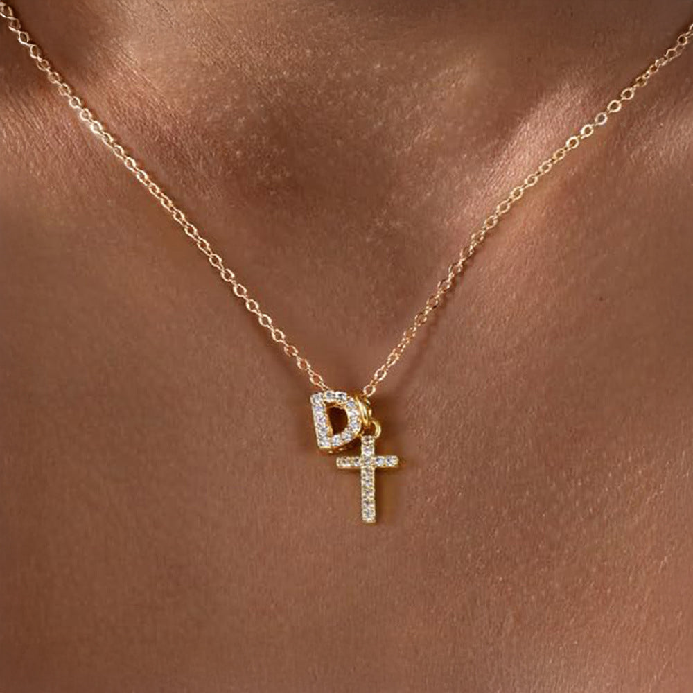 Delicate Initial and Cross Pendant Necklace