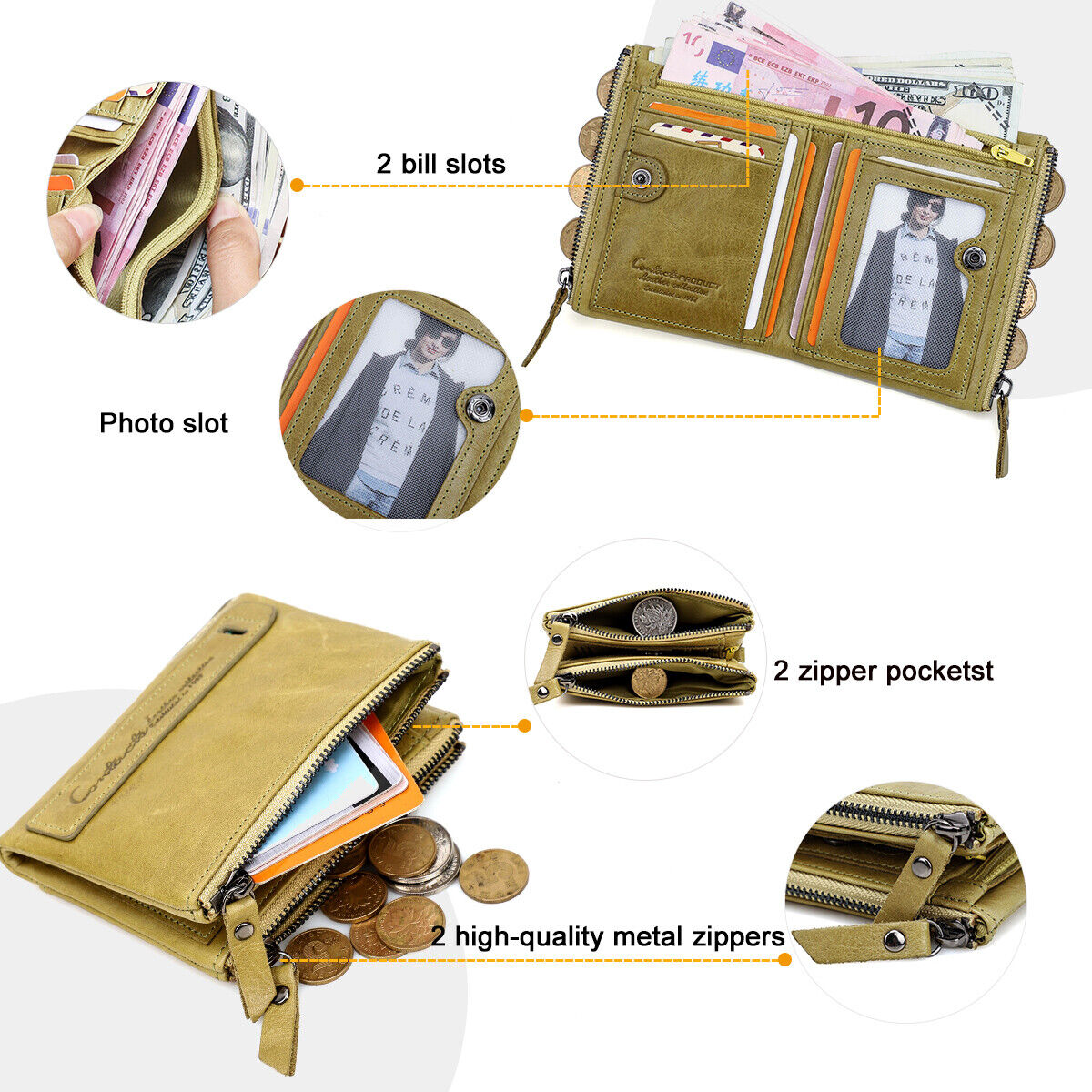 Fashionable Dual Zip Pocket Wallet