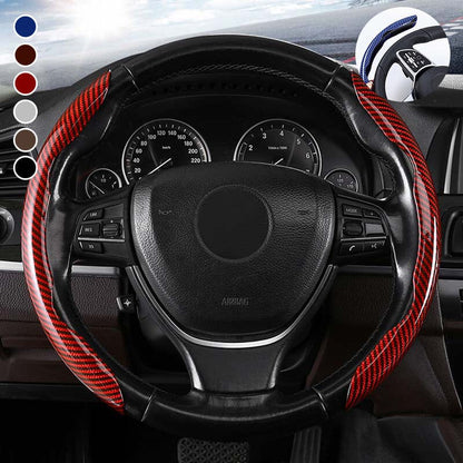 Premium Leather Steering Wheel Cover with Carbon Design