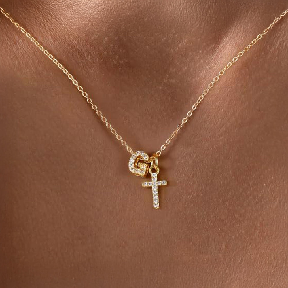 Delicate Initial and Cross Pendant Necklace