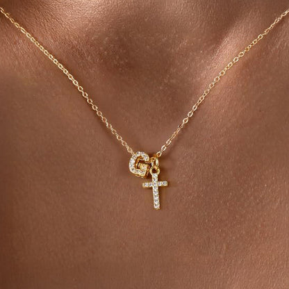 Delicate Initial and Cross Pendant Necklace