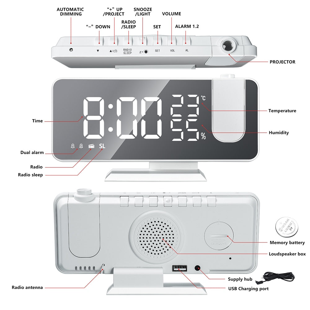 Digital LED Projector Alarm Clock with Wide View Screen
