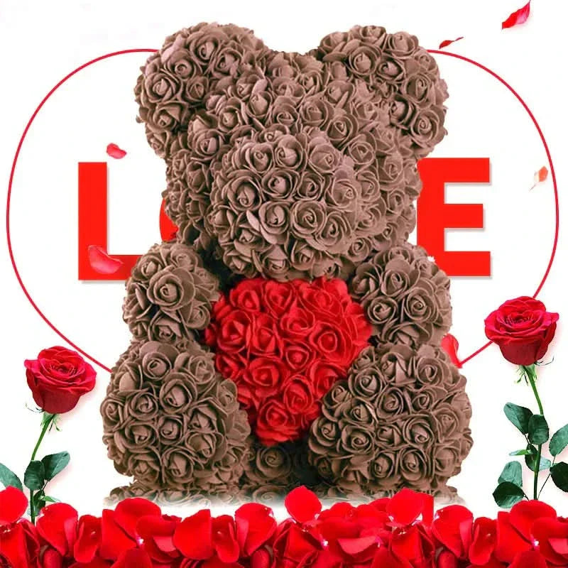 Soft Pink Teddy Bear with Artificial Flowers 40cm