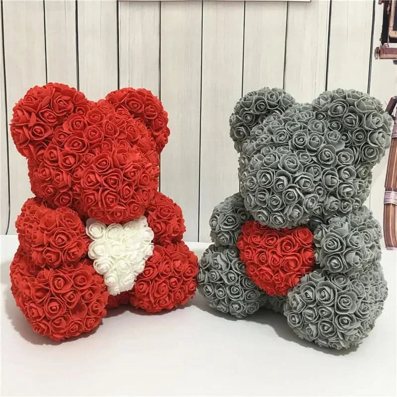 Soft Pink Teddy Bear with Artificial Flowers 40cm