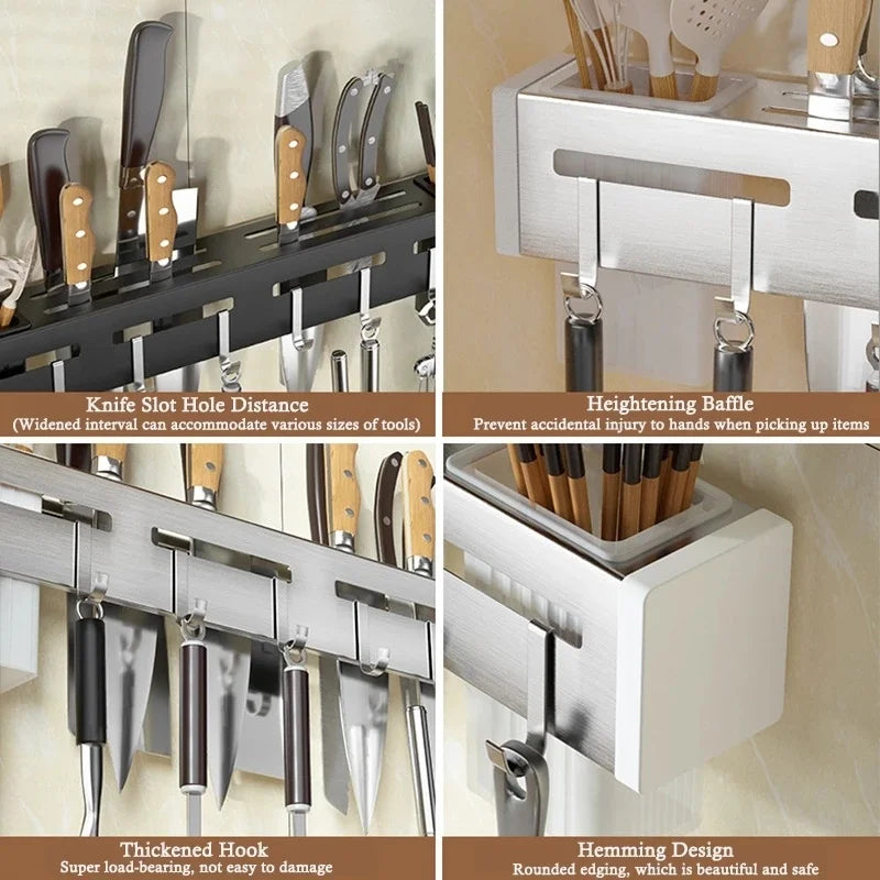 Stainless Steel Wall Mount Knife Rack with Hooks