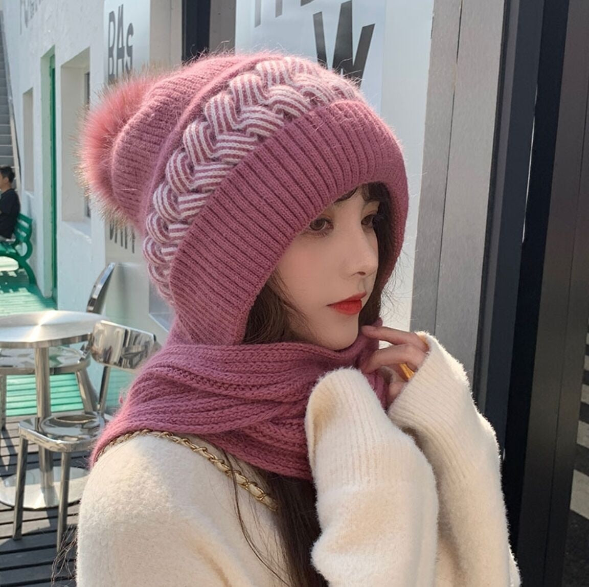 Warm Wool Scarf Beanie Hat Set