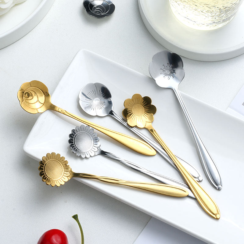 Stainless Steel Teaspoon Set with Floral Pattern