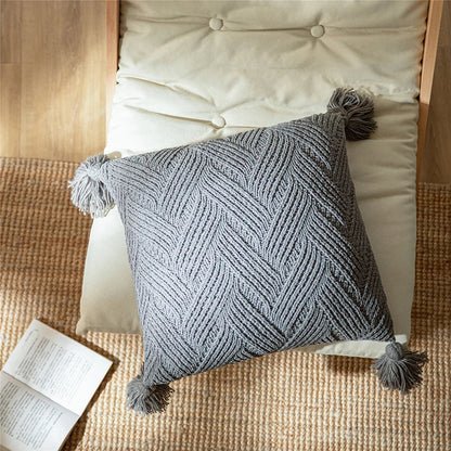 Soft Plush Cushion Cover with Cozy Pom Poms