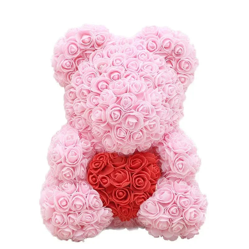 Soft Pink Teddy Bear with Artificial Flowers 40cm