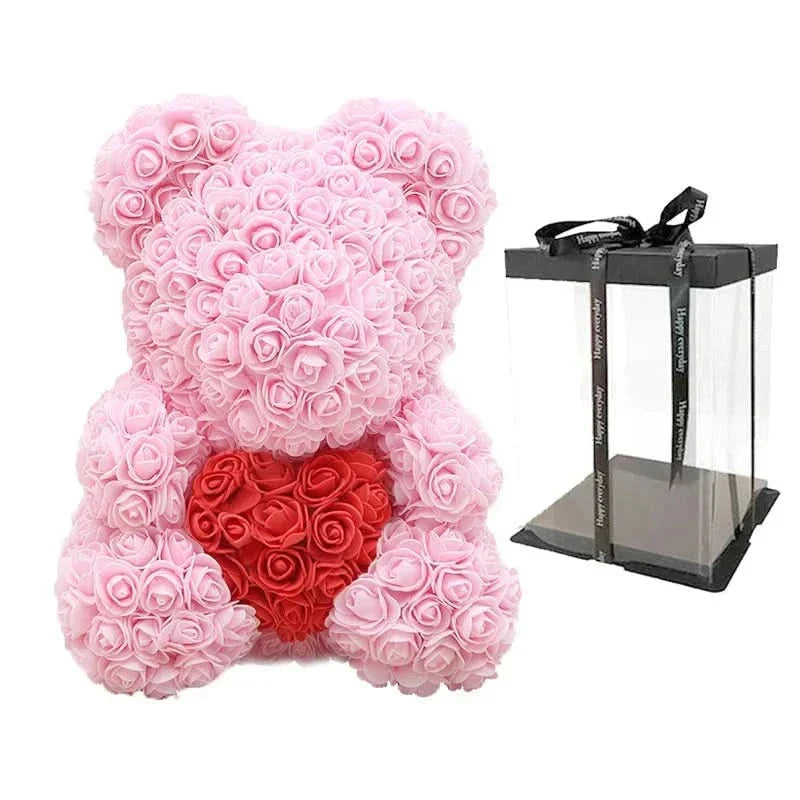 Soft Pink Teddy Bear with Artificial Flowers 40cm