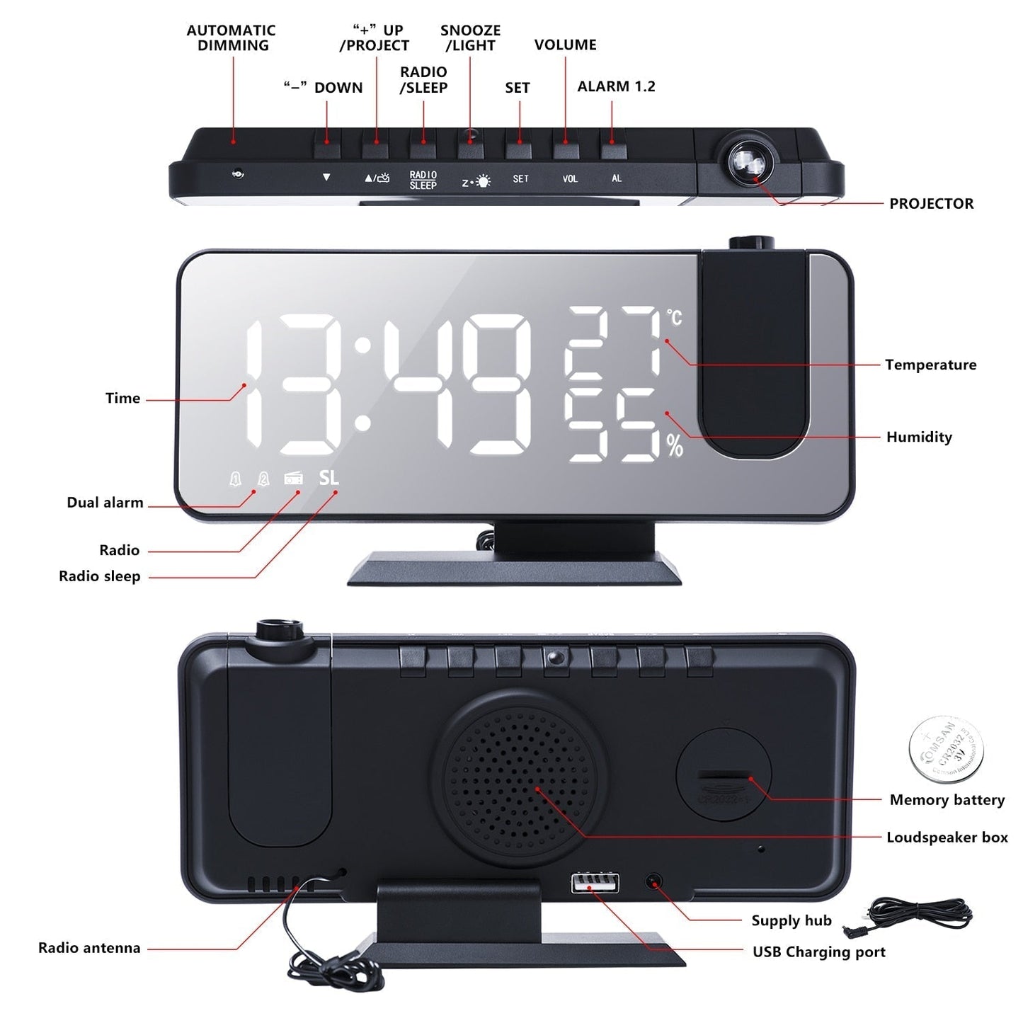 Digital LED Projector Alarm Clock with Wide View Screen