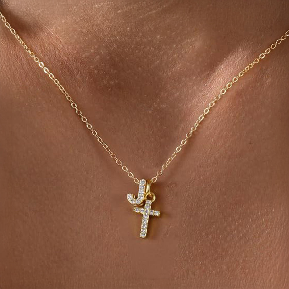 Delicate Initial and Cross Pendant Necklace
