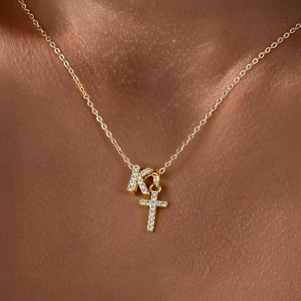 Delicate Initial and Cross Pendant Necklace