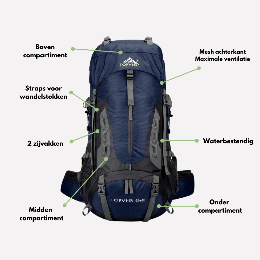 Durable 65L Water Resistant Hiking Backpack