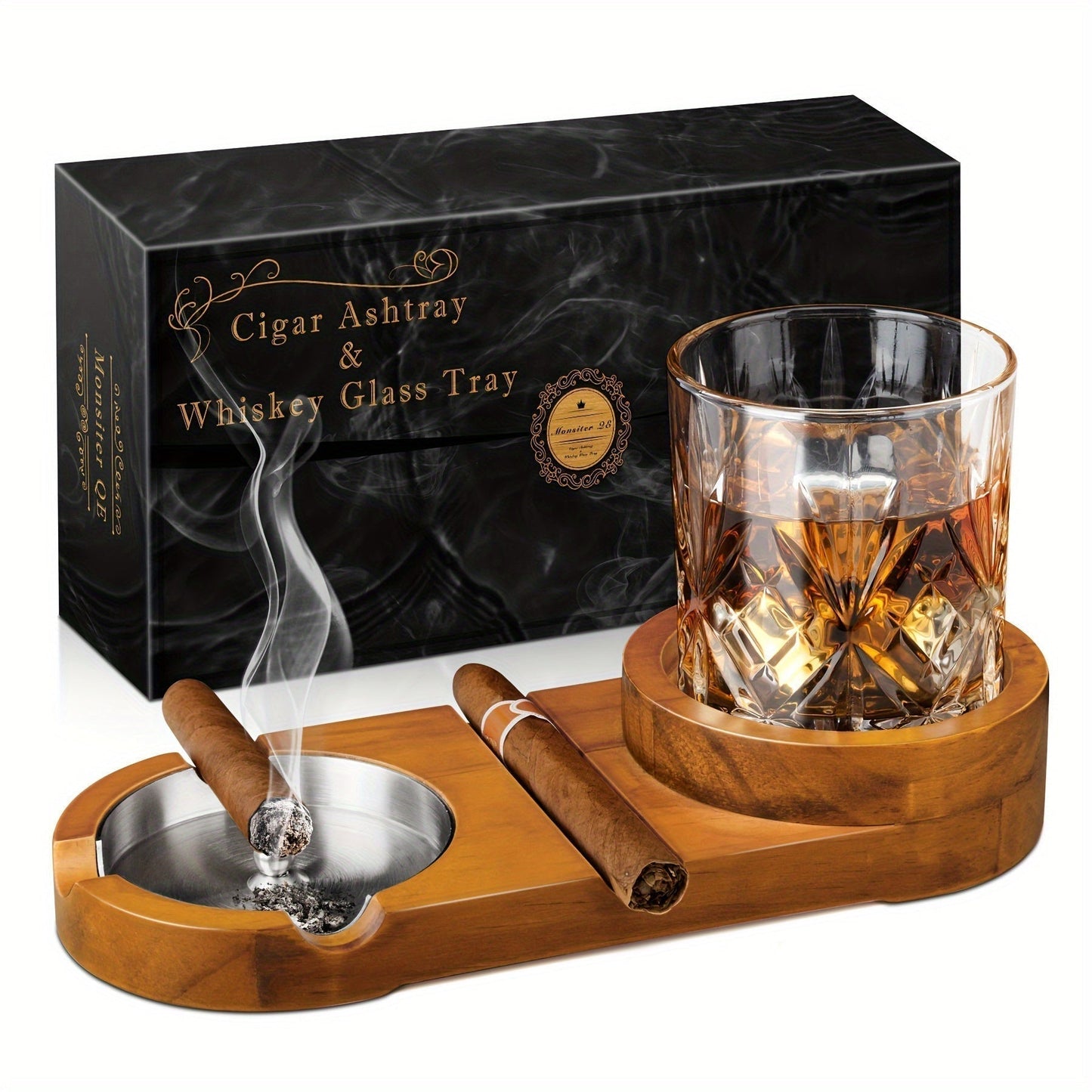 Premium Wood Cigar Ashtray with Whiskey Rest