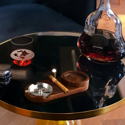 Premium Wood Cigar Ashtray with Whiskey Rest