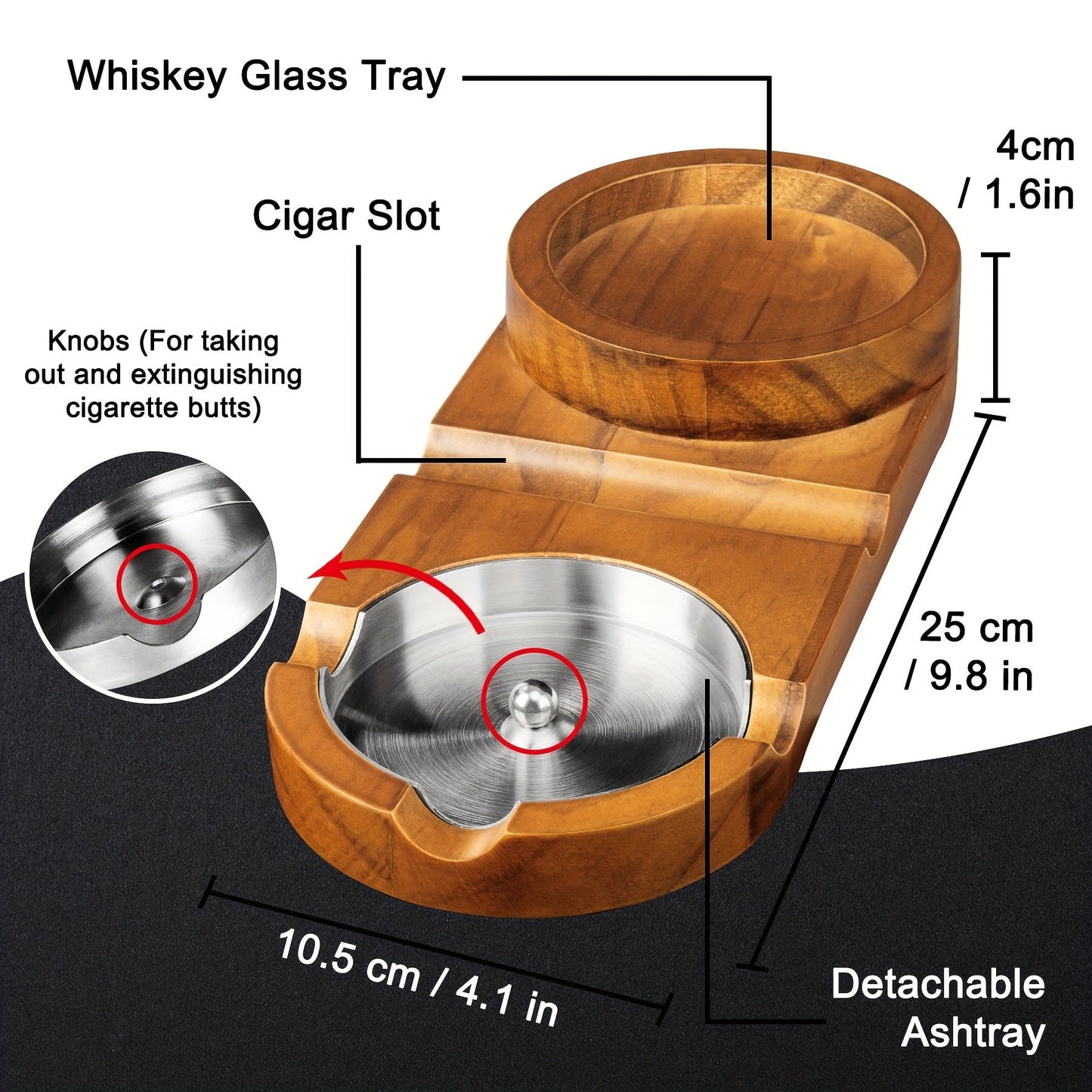 Premium Wood Cigar Ashtray with Whiskey Rest