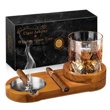 Premium Wood Cigar Ashtray with Whiskey Rest