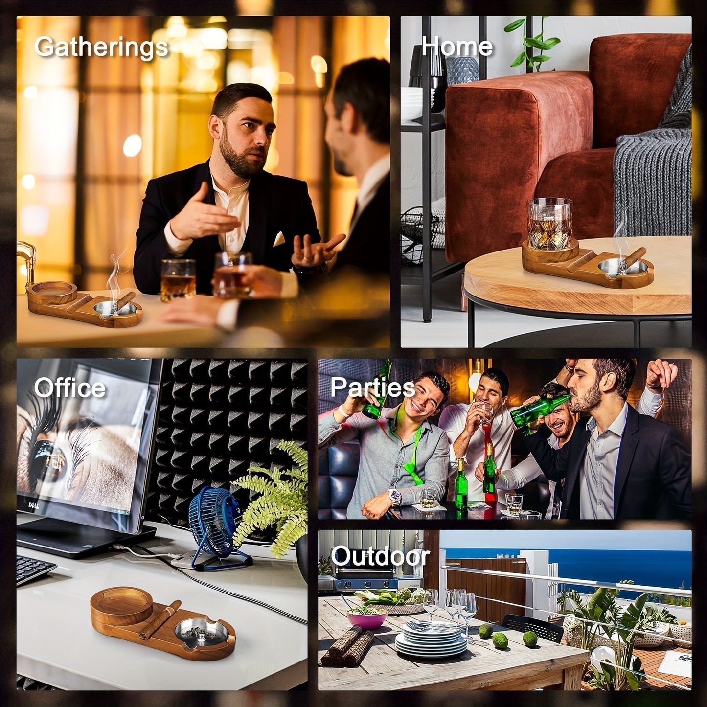Premium Wood Cigar Ashtray with Whiskey Rest
