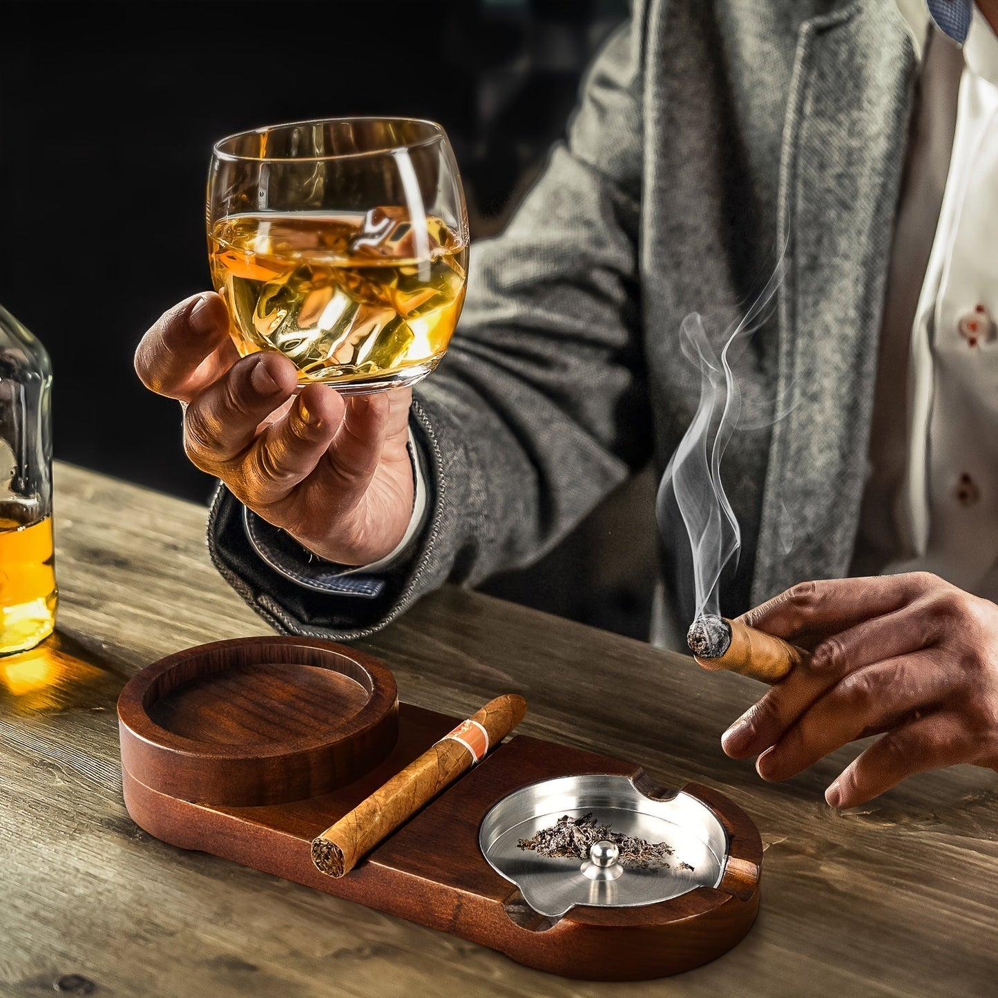 Premium Wood Cigar Ashtray with Whiskey Rest