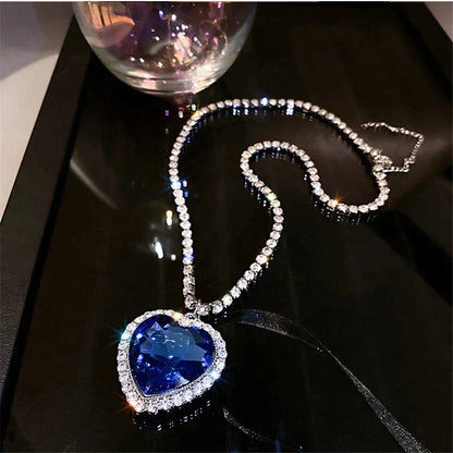 Beautiful Blue Crystal Heart Pendant Necklace