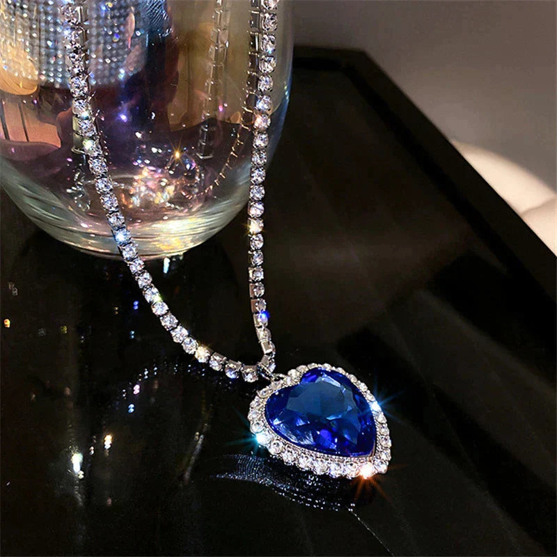 Beautiful Blue Crystal Heart Pendant Necklace