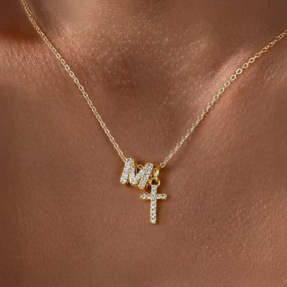 Delicate Initial and Cross Pendant Necklace
