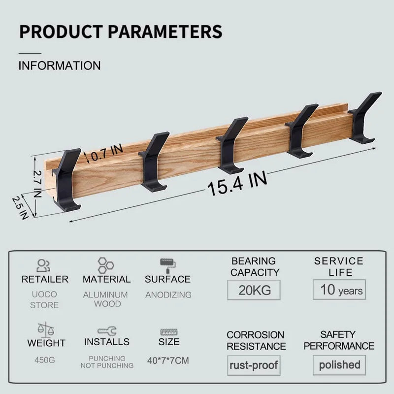 Compact Wooden Wall Coat Hook Rack Space Saver