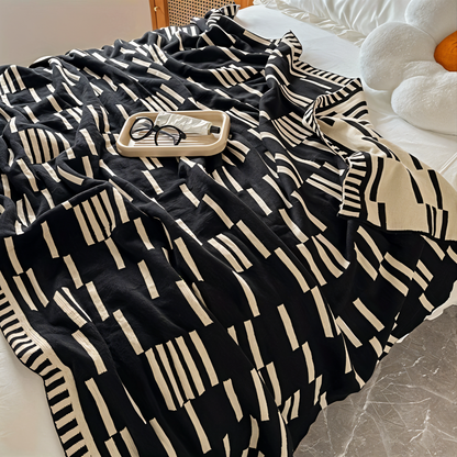 Cozy Plaid Knitted Blanket Black Beige Soft Throw - Befez