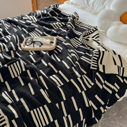 Cozy Plaid Knitted Blanket Black Beige Soft Throw