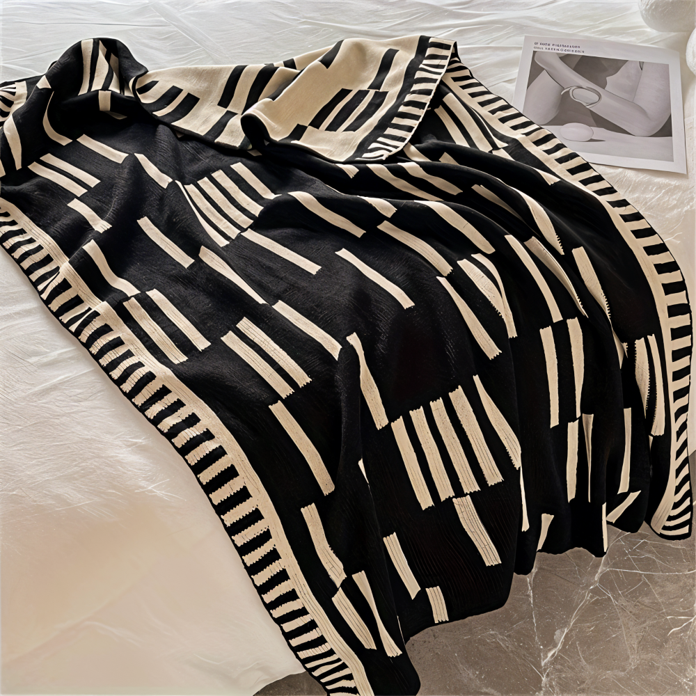 Cozy Plaid Knitted Blanket Black Beige Soft Throw