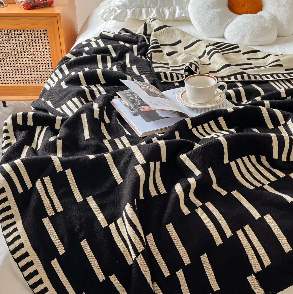 Cozy Plaid Knitted Blanket Black Beige Soft Throw