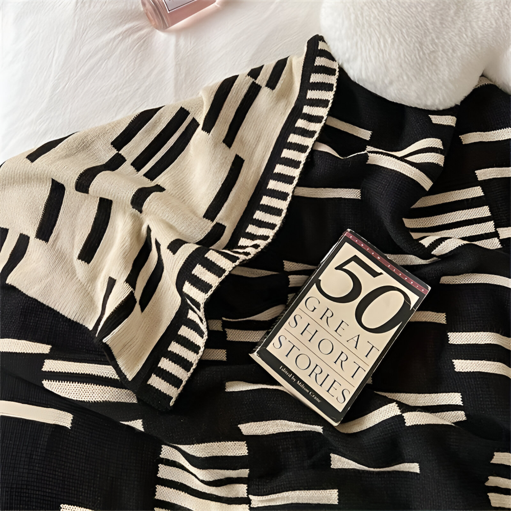 Cozy Plaid Knitted Blanket Black Beige Soft Throw