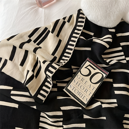 Cozy Plaid Knitted Blanket Black Beige Soft Throw