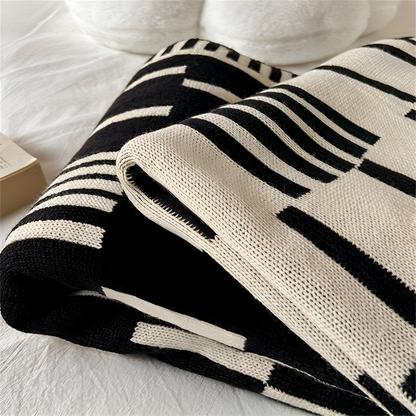 Cozy Plaid Knitted Blanket Black Beige Soft Throw