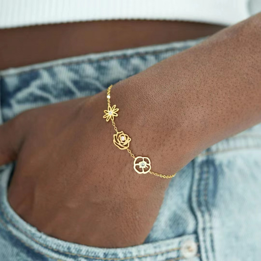 Delicate Birthstone and Flower Charm Bracelet - Befez