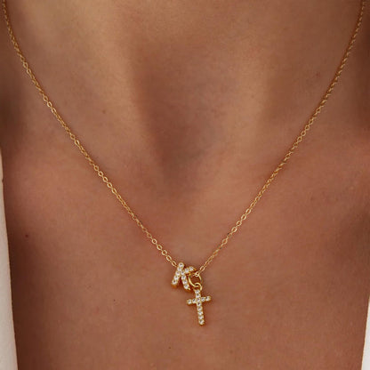 Delicate Initial and Cross Pendant Necklace
