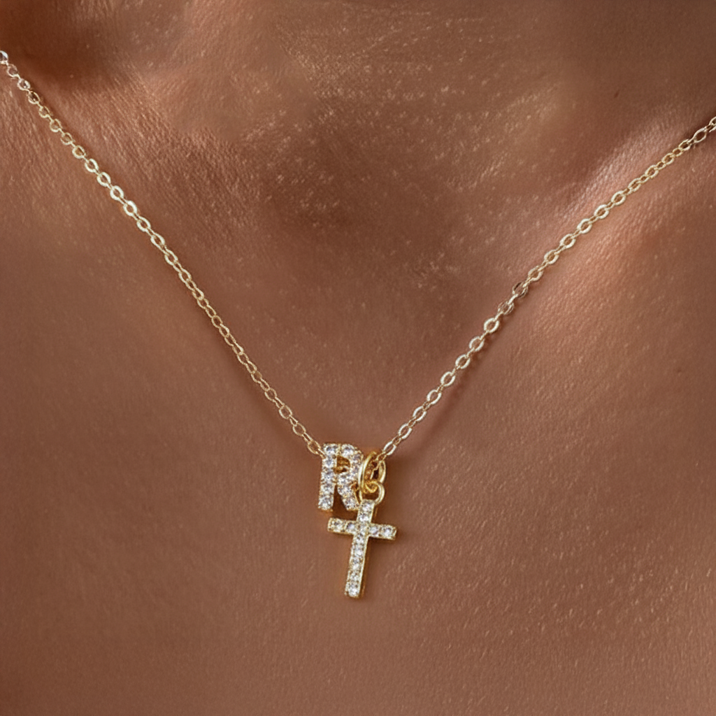 Delicate Initial and Cross Pendant Necklace