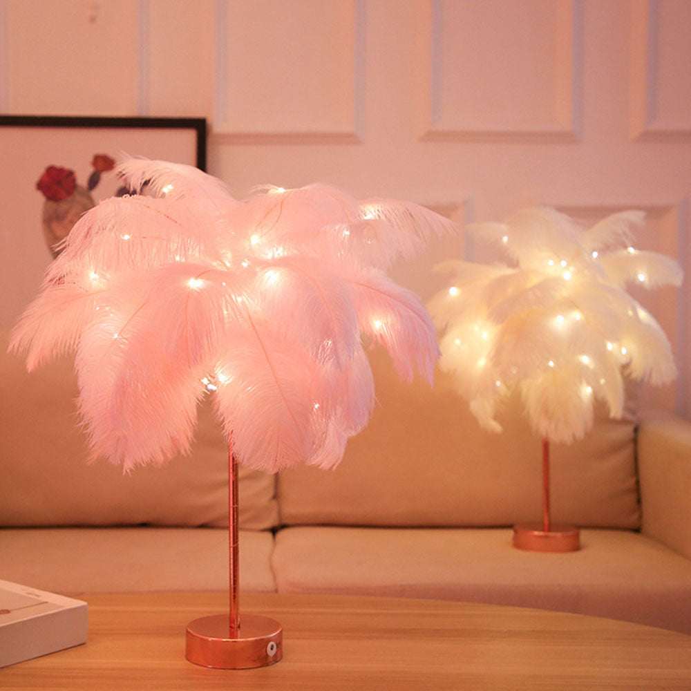 Unique Feather Table Lamp with Rose Gold Base