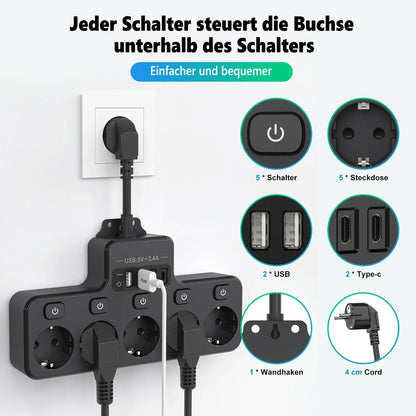 Compact EU Power Strip with 5 Outlets and 4 USB Ports