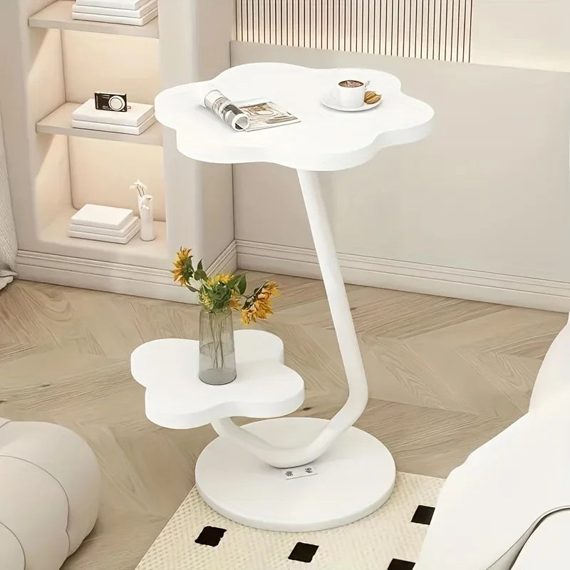 White Floral End Table with Double Shelf and Metal Base