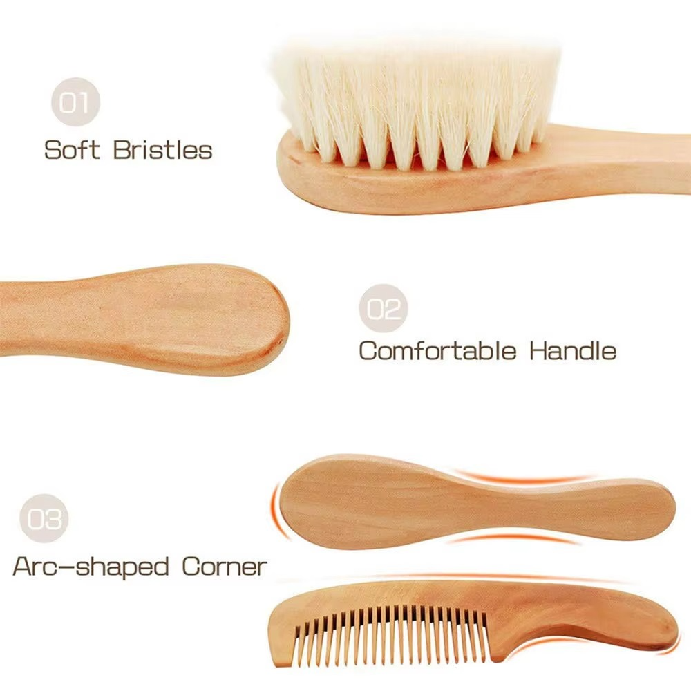 Gentle Wood Baby Hair Brush and Comb Set with Soft Bristles