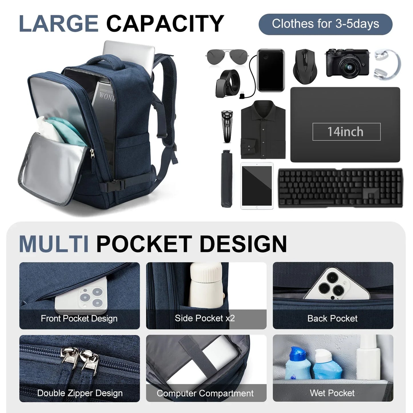Waterproof Travel Backpack with Laptop Sleeve & Storage