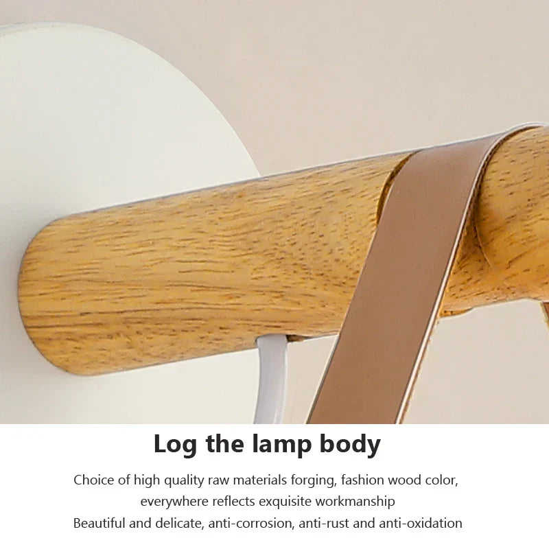 Rustic LED Wooden Wall Light with Brown Leather Strap
