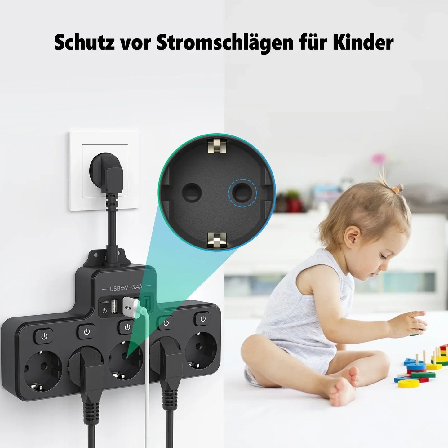 Compact EU Power Strip with 5 Outlets and 4 USB Ports